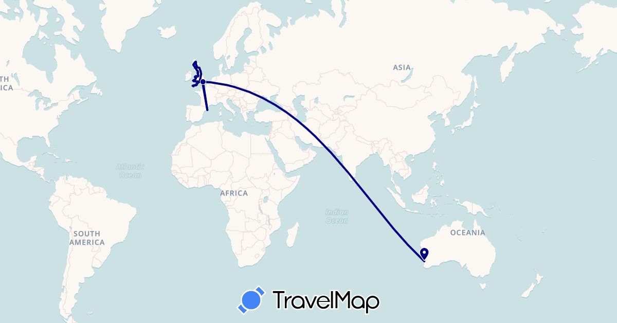 TravelMap itinerary: driving in Australia, Spain, United Kingdom (Europe, Oceania)